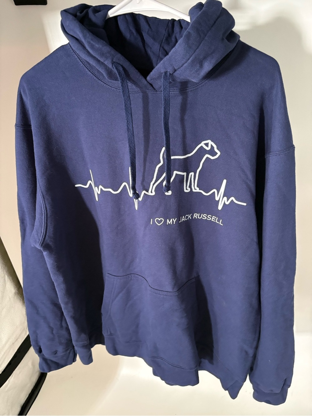 Russell Athletic Navy Hoodie with White Jack Russell Heartbeat Graphic